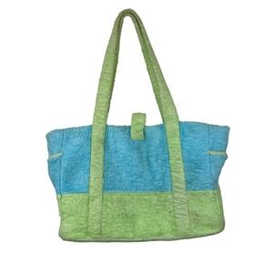 Lilly Pulitzer Terry Cloth Beach Tote Bag Blue Green Colorblock Tropical Lining